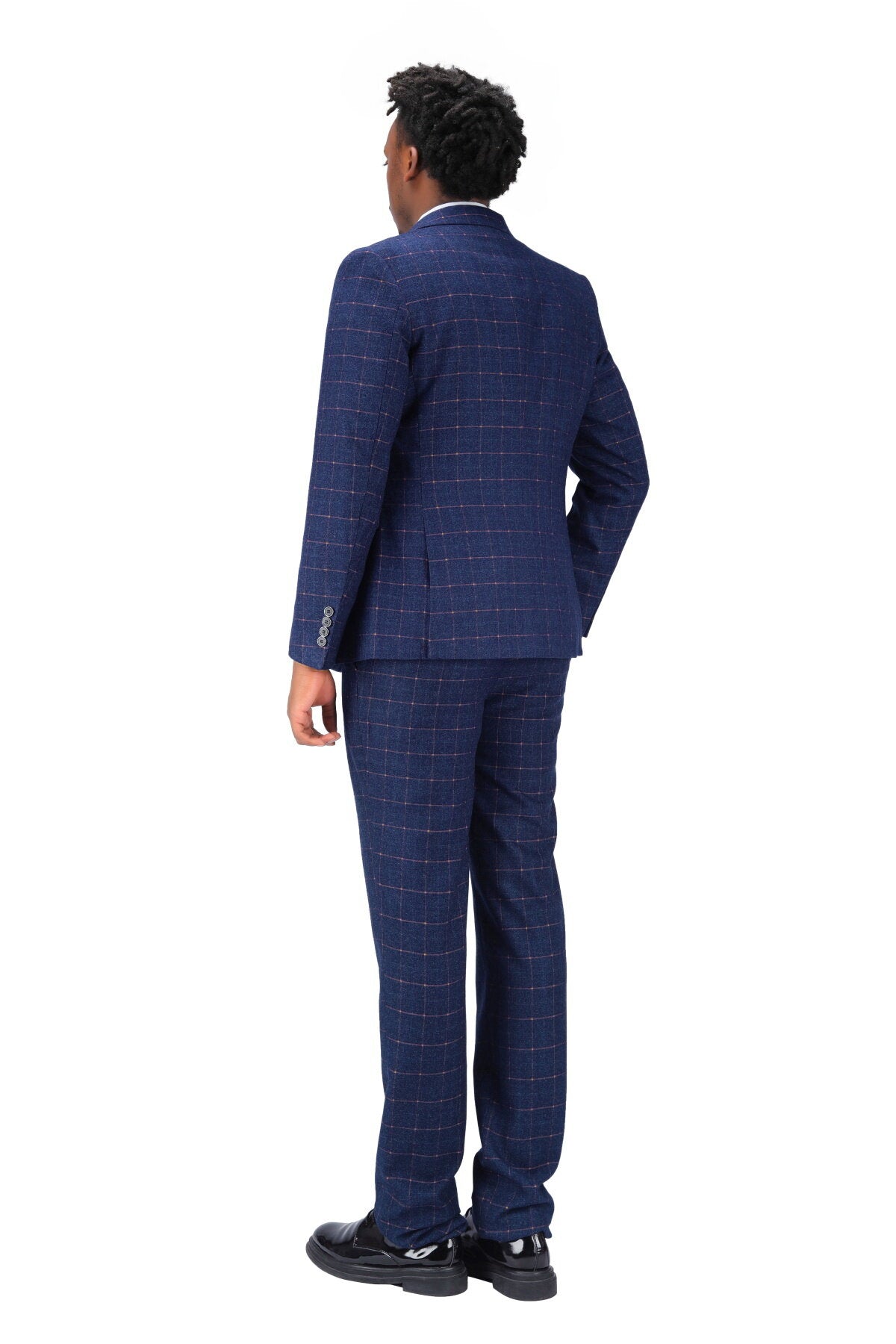 3-Piece Slim Fit Double Breasted Suit Plaid Blue Suit