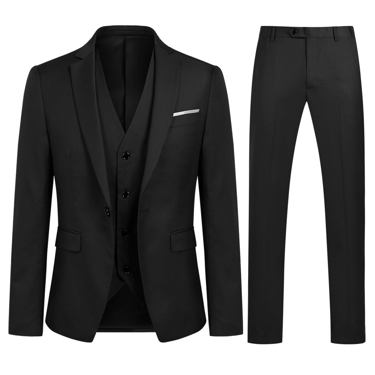 3-Piece Slim Fit One Button Fashion Black Suit