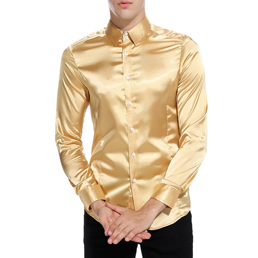 Men's Shiny Long Sleeve Lapel Casual Fashion Shirt Gold