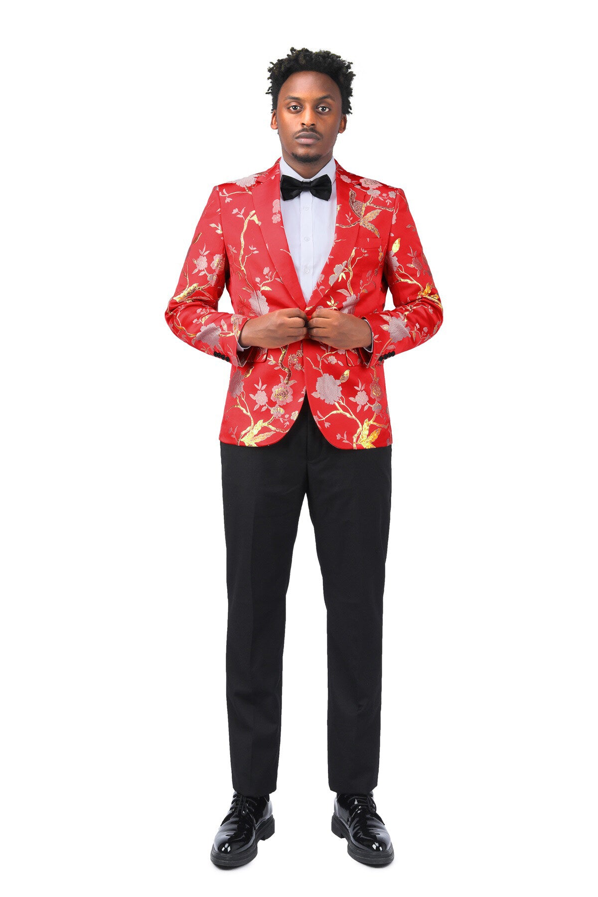 Men's One Button Notched Lapel Embroidered Blazer Red