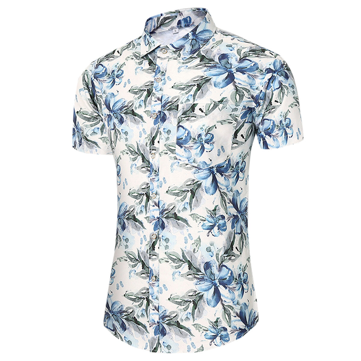 Men's Printed Short-Sleeve Blue Flower Casual Shirts White