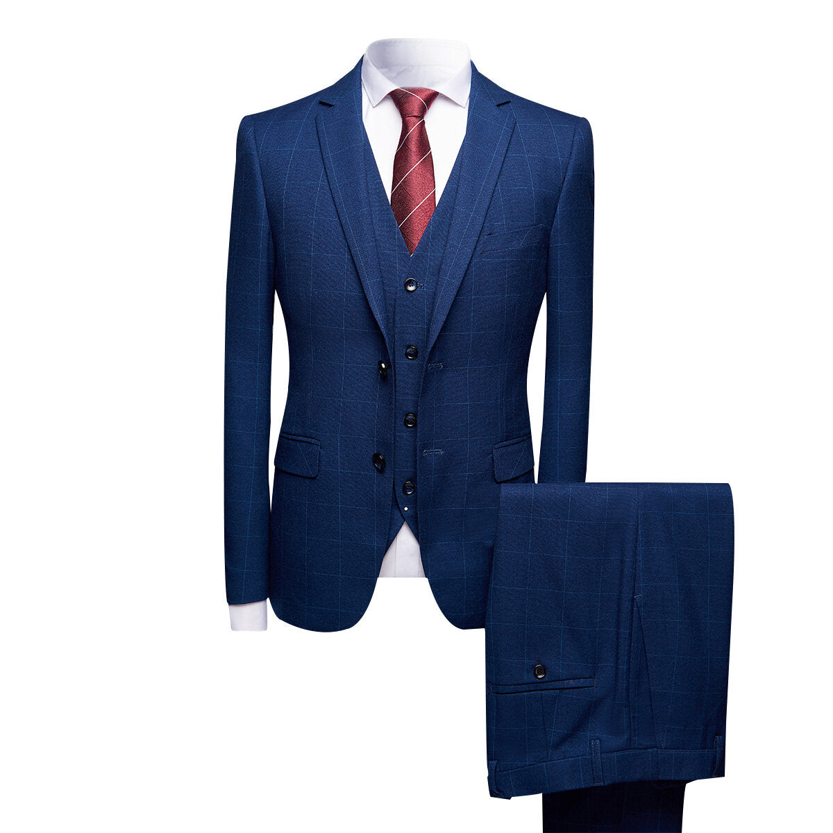 3-Piece Slim Fit Suit Plaid Casual Navy Suit