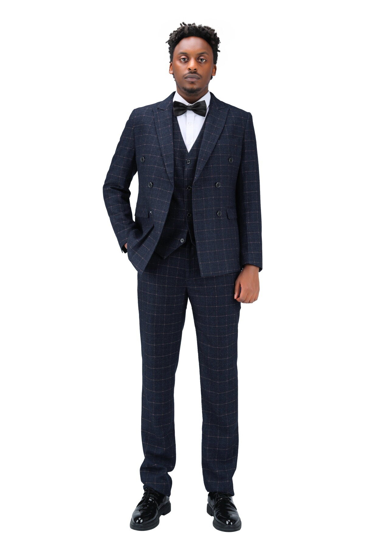 3-Piece Slim Fit Double Breasted Suit Plaid Navy Suit