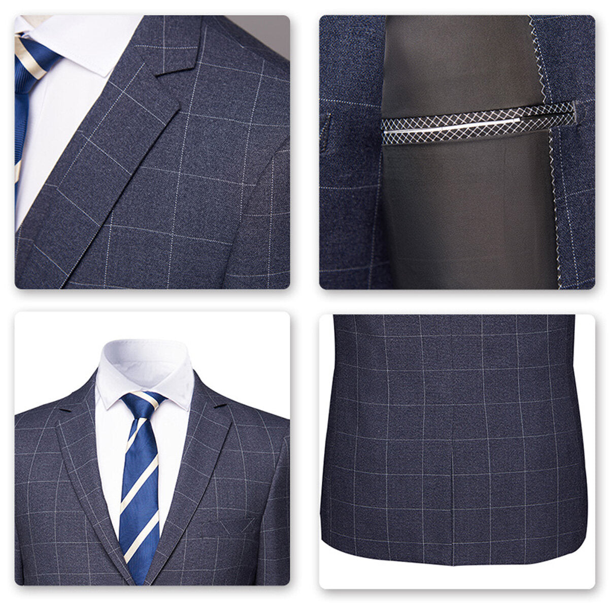 3-Piece Slim Fit Suit Plaid Casual Grey Suit