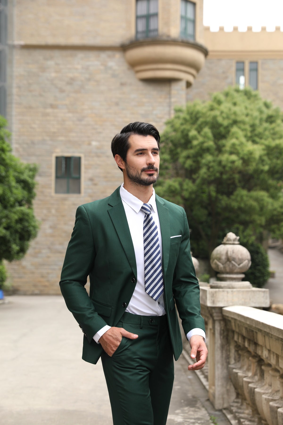 3-Piece Notched Lapel Casual Green Suit