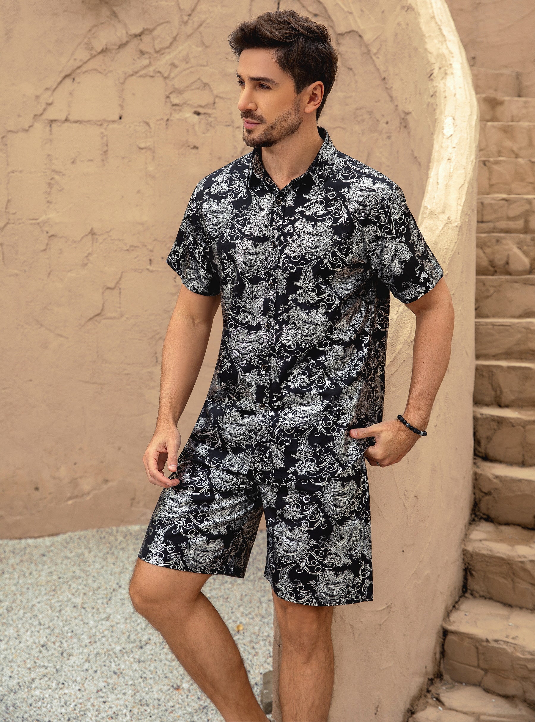 Men's Foil-Printed Short-Sleeve Shirt 2-Piece Set Silver