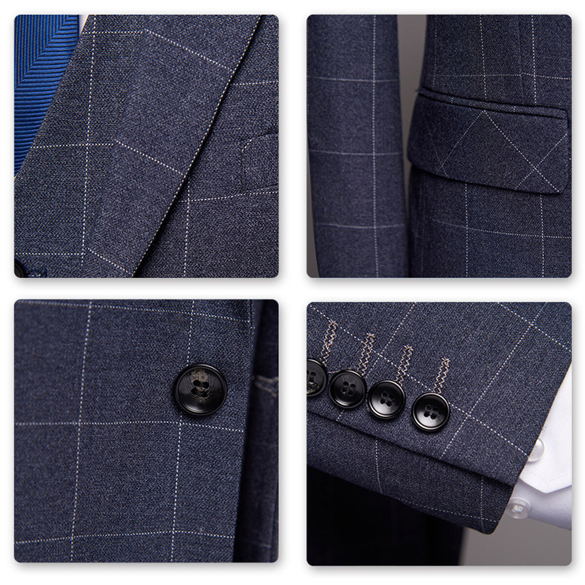 3-Piece Slim Fit Suit Plaid Casual Grey Suit