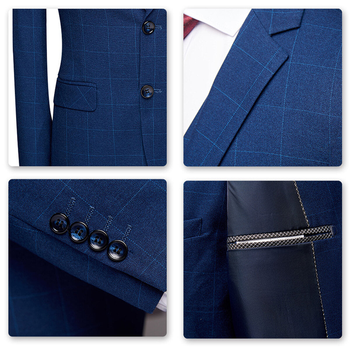 3-Piece Slim Fit Suit Plaid Casual Navy Suit