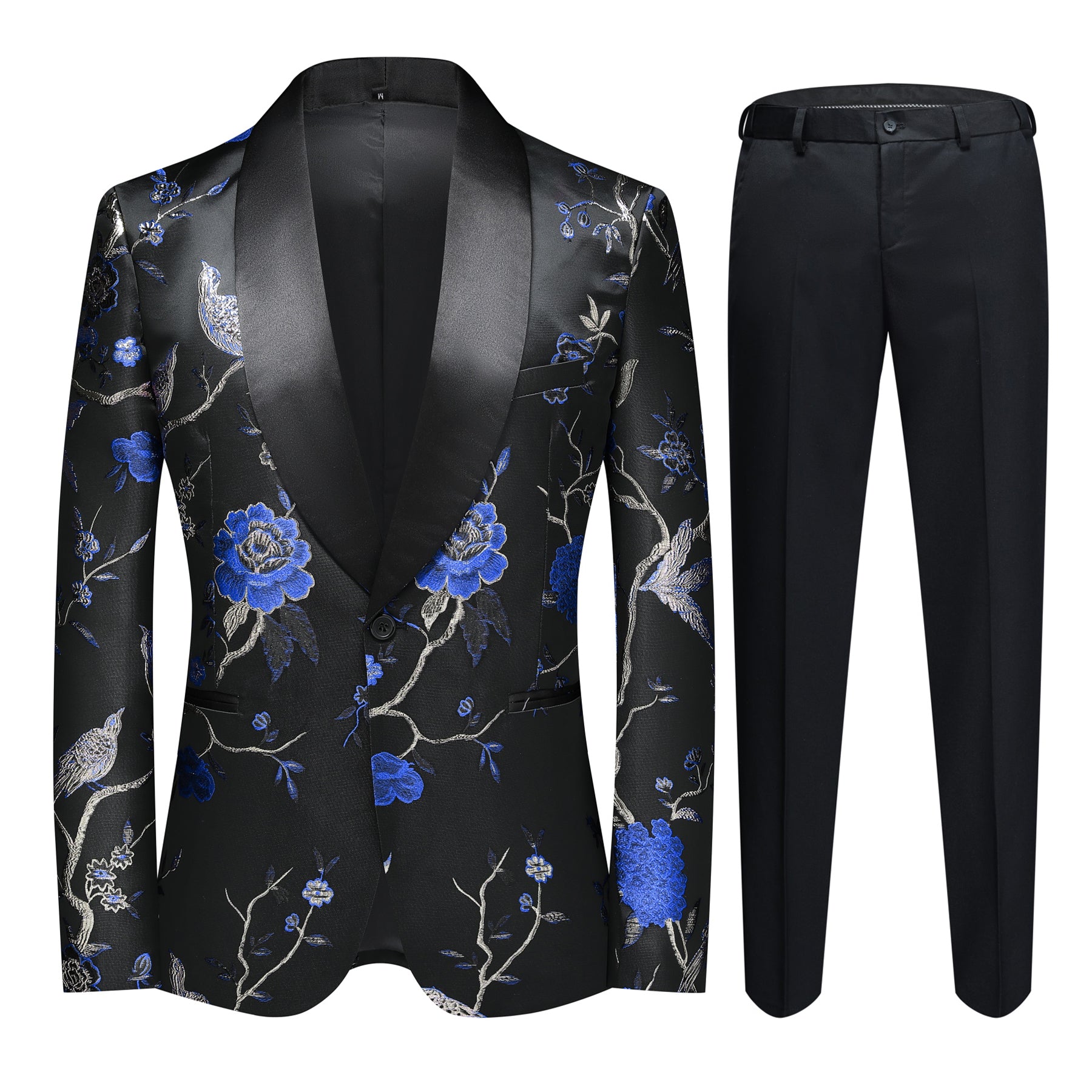 2-Piece Men's Black Blue Bird Embroidered Suit