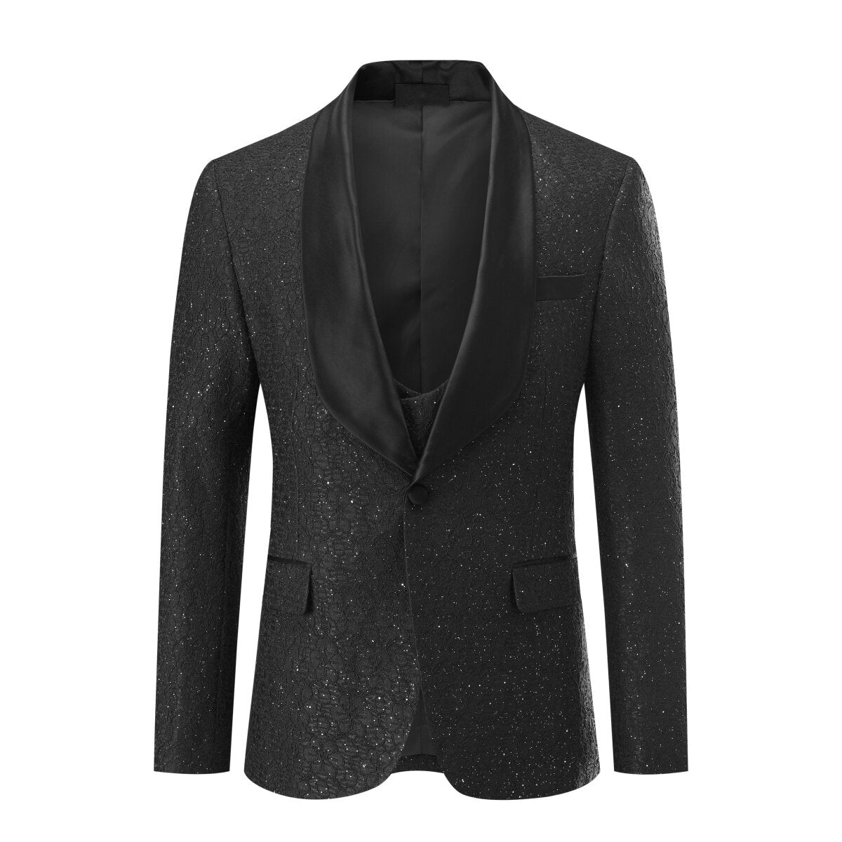 3-Piece Men's One Button Suit Shawl Collar Sequin Tuxedo Black