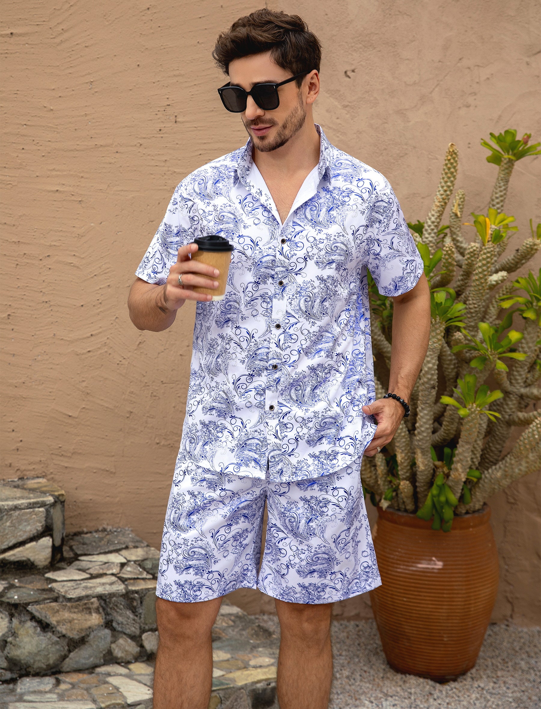 Men's Foil-Printed Short-Sleeve Shirt 2-Piece Set White