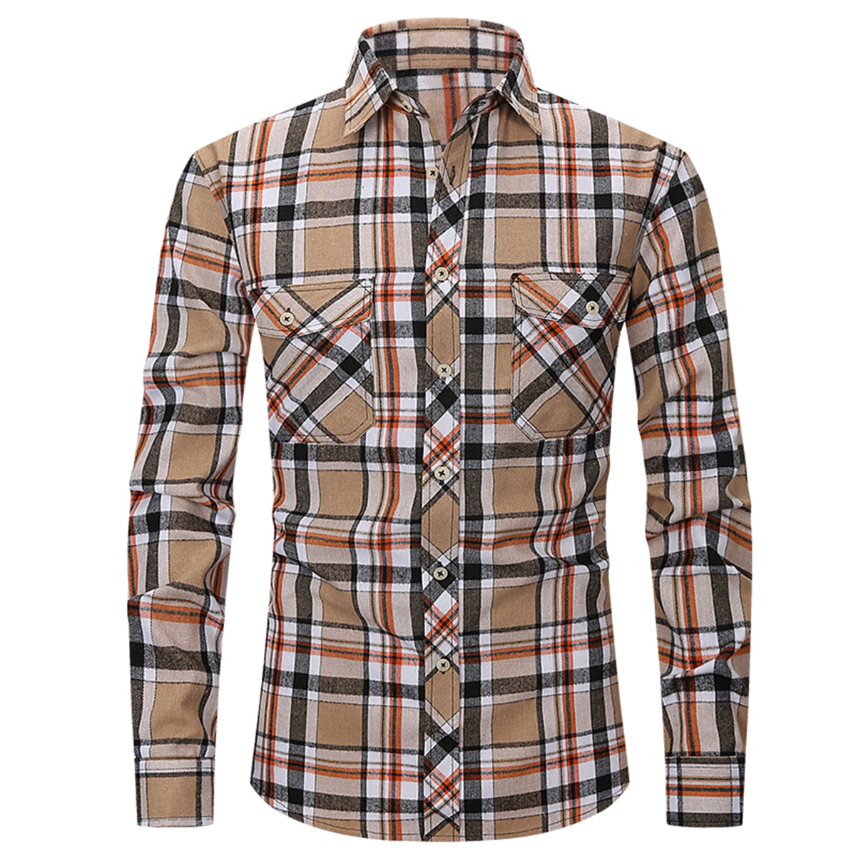 Men's Lapel Paid Long-sleeved Shirt Green and Black
