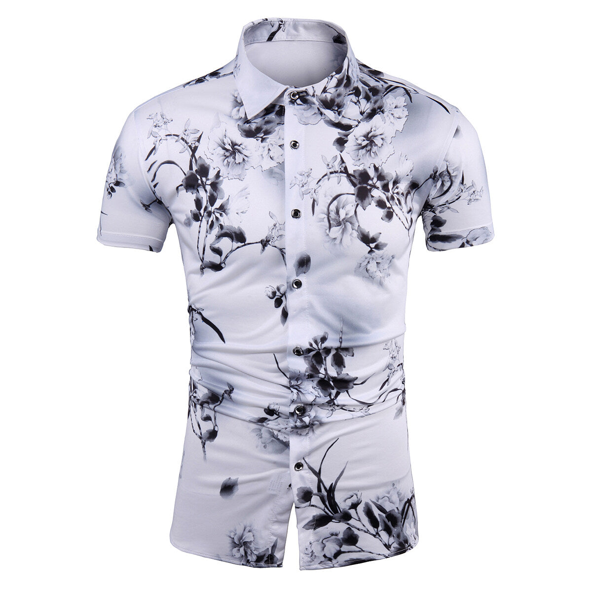 Trendy Men's Printed Short-Sleeve Floral Shirt Ink White