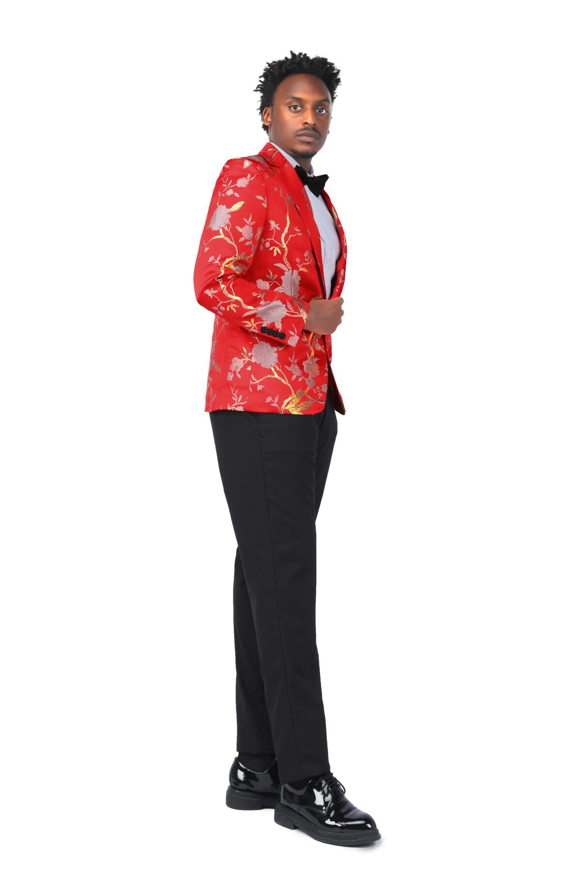 Men's One Button Notched Lapel Embroidered Blazer Red
