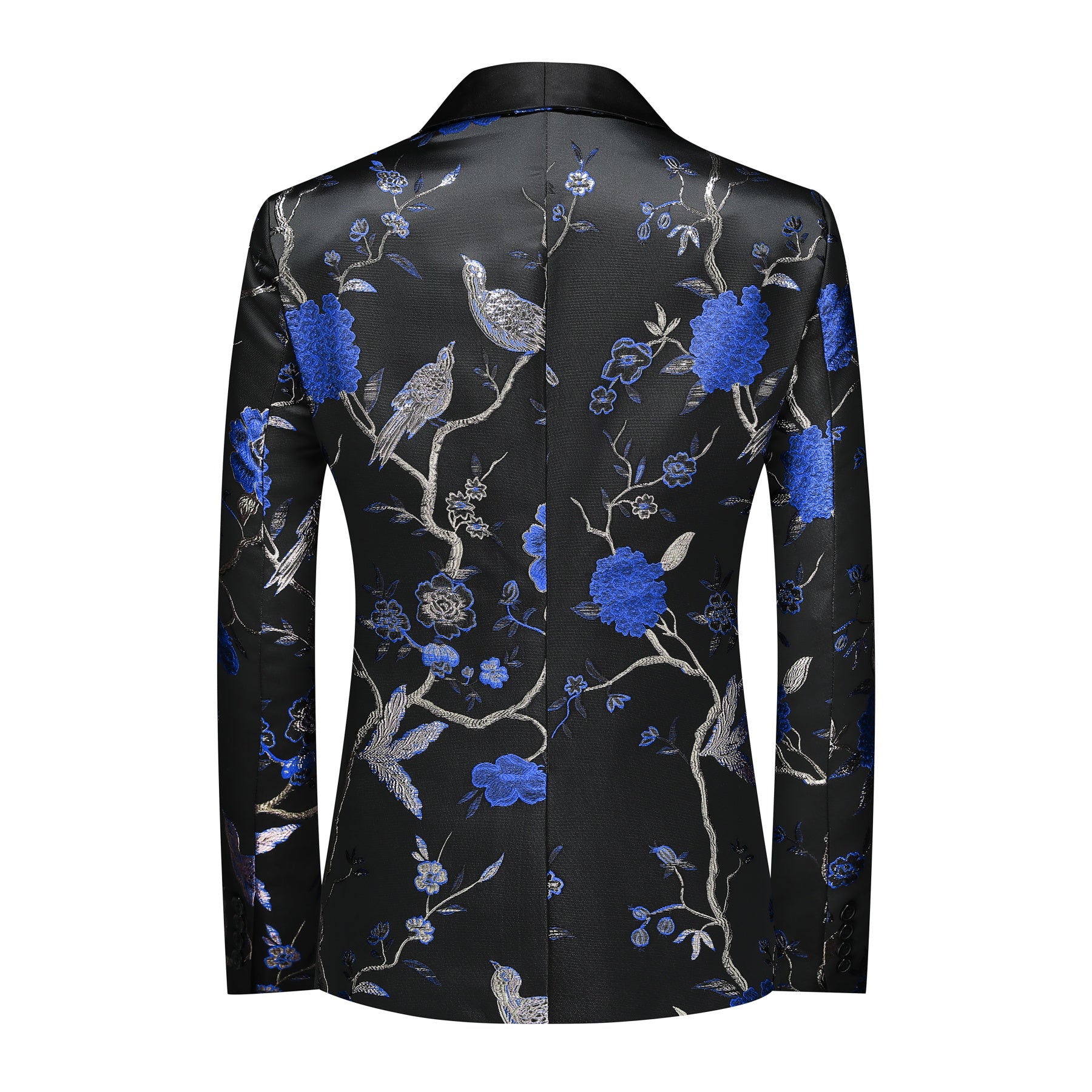 2-Piece Men's Black Blue Bird Embroidered Suit