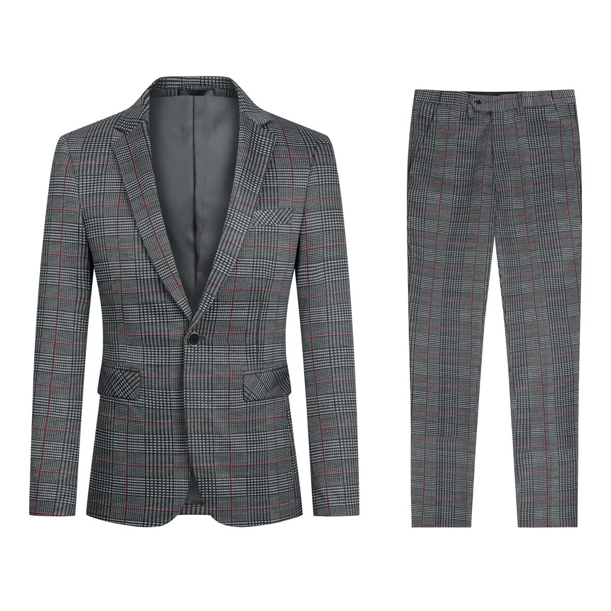 Plaid Stripe Suit Slim Fit 2-Piece Casual Suit Red and Black