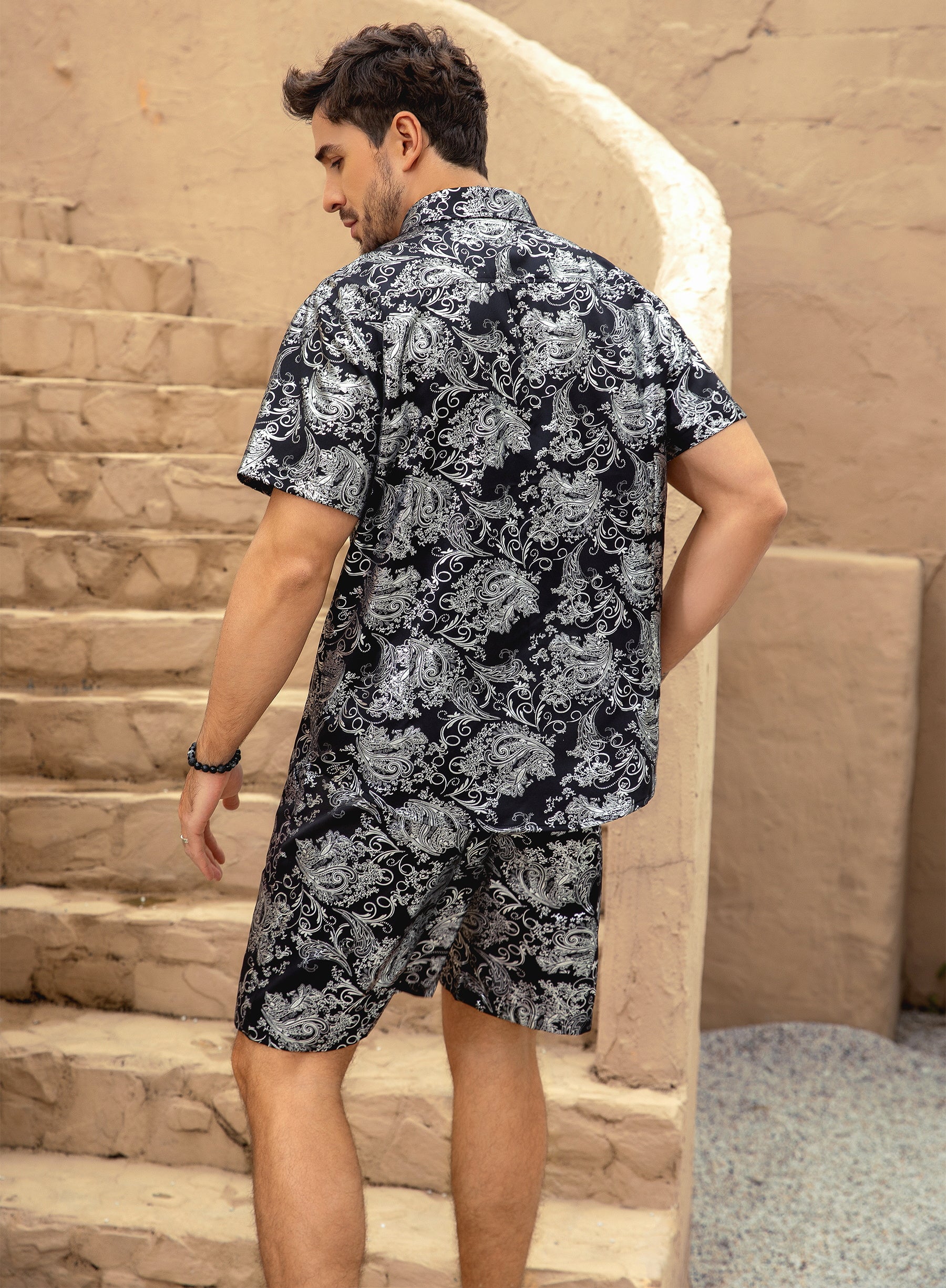 Men's Foil-Printed Short-Sleeve Shirt 2-Piece Set Silver