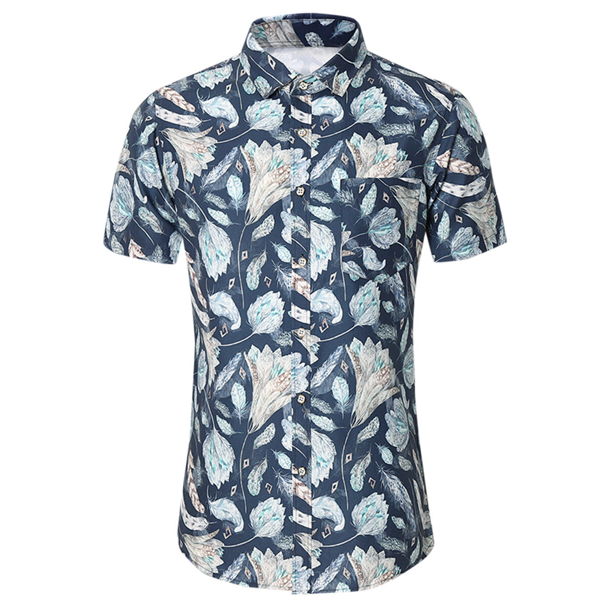 Men's Printed Short-Sleeve White Flower Casual Shirts Blue