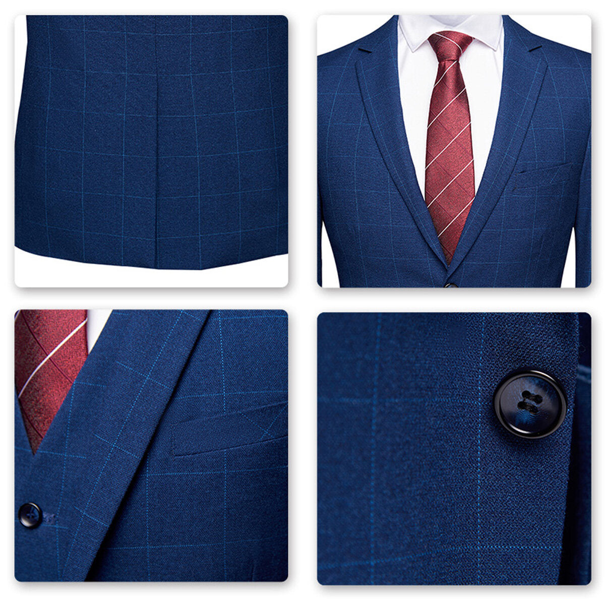3-Piece Slim Fit Suit Plaid Casual Navy Suit
