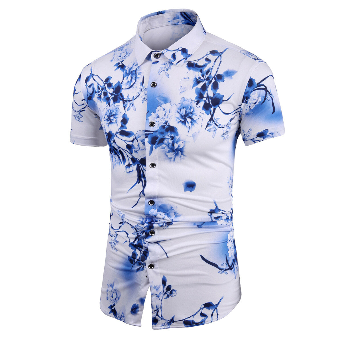 Trendy Men's Printed Short-Sleeve Floral Shirt Aqua Blue