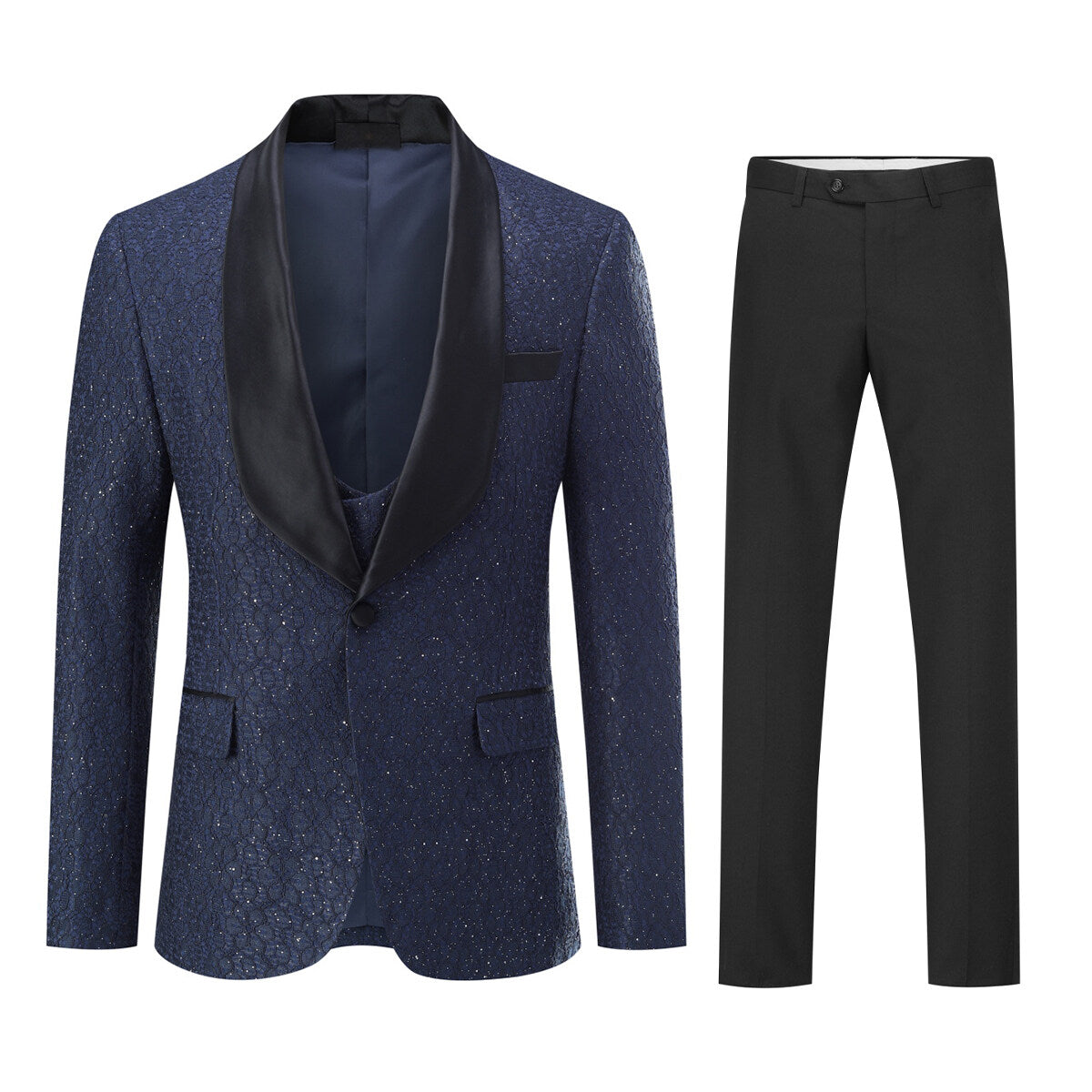 3-Piece Men's One Button Suit Shawl Collar Sequin Tuxedo Blue