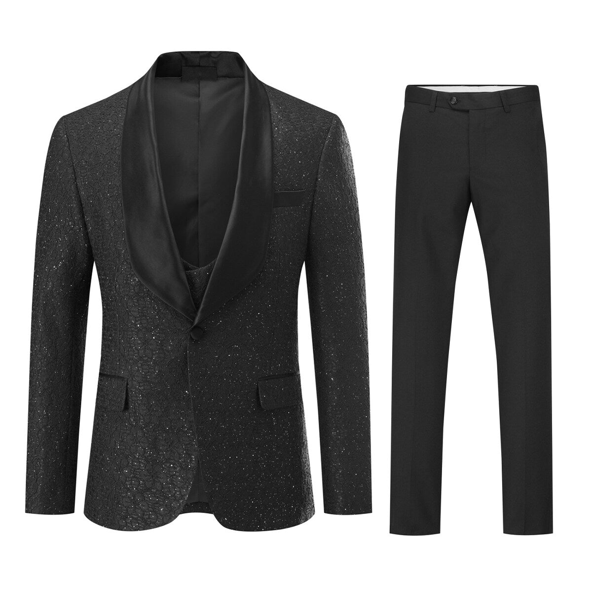 3-Piece Men's One Button Suit Shawl Collar Sequin Tuxedo Black
