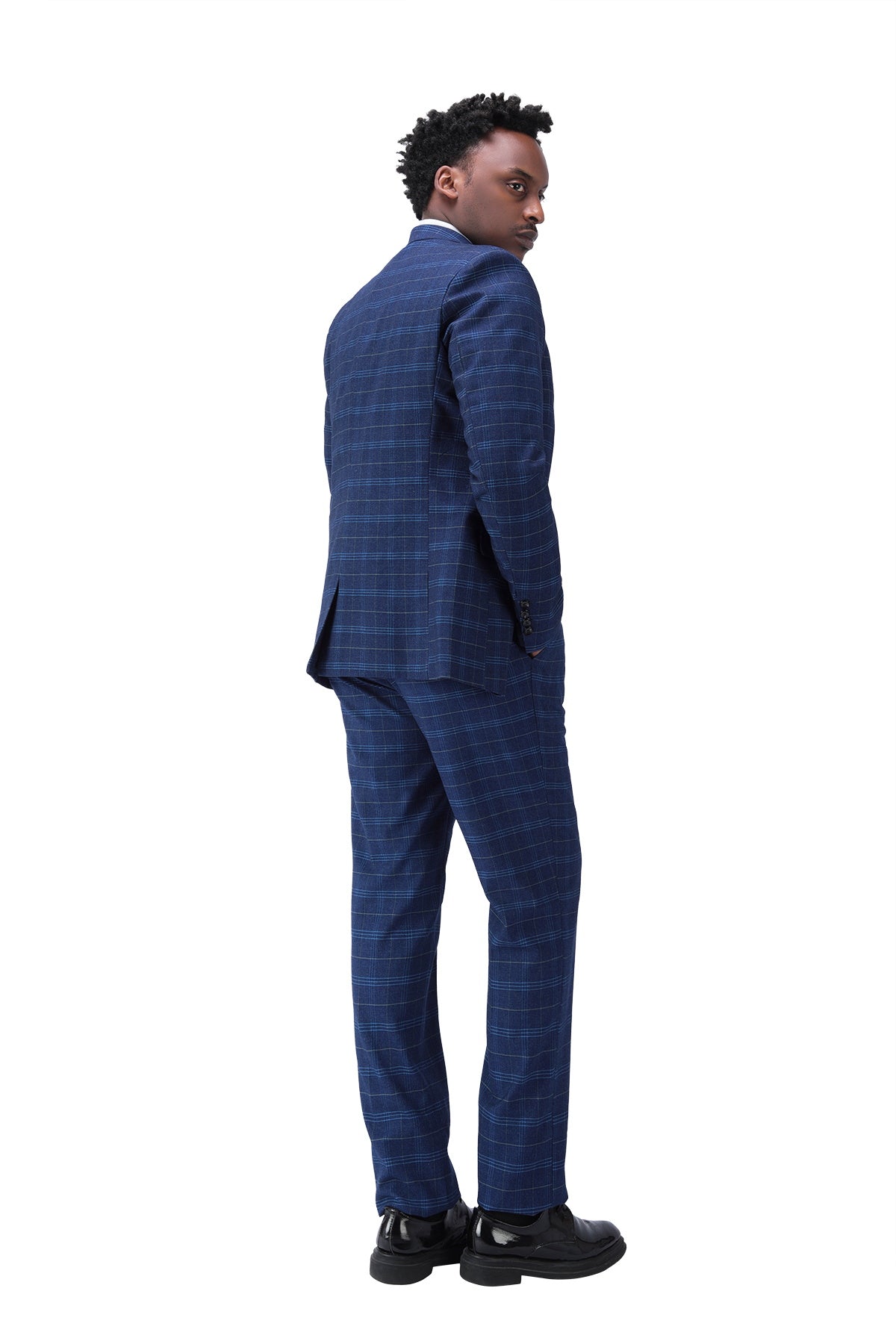 Three Piece Slim Fit Vintage Plaid Navy Suit