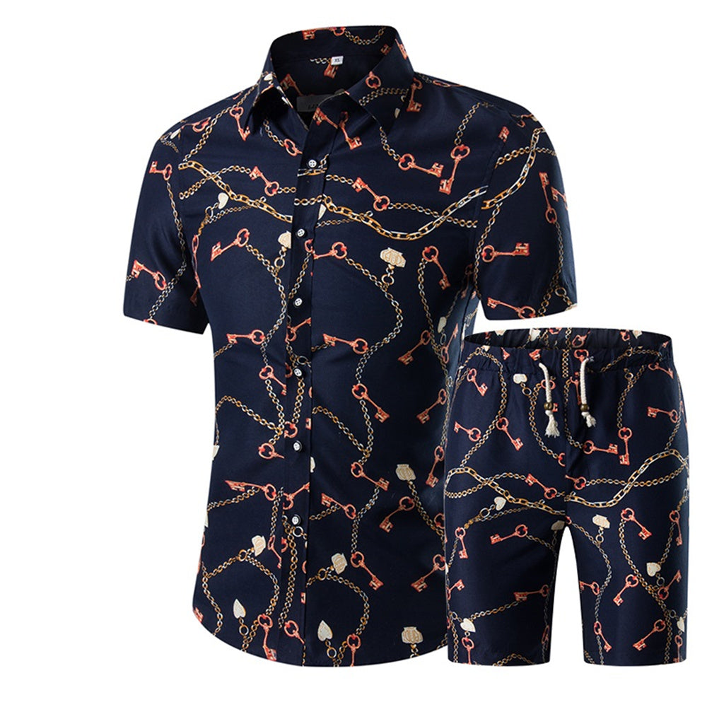 Mens 2-Piece Hawaii Print Style Summer Suit Black