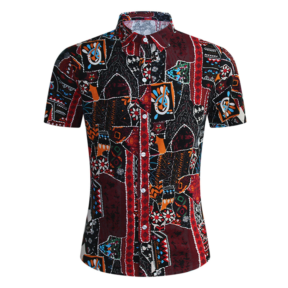 Stylish Men's Floral Print Collar Short Sleeve Shirt Red