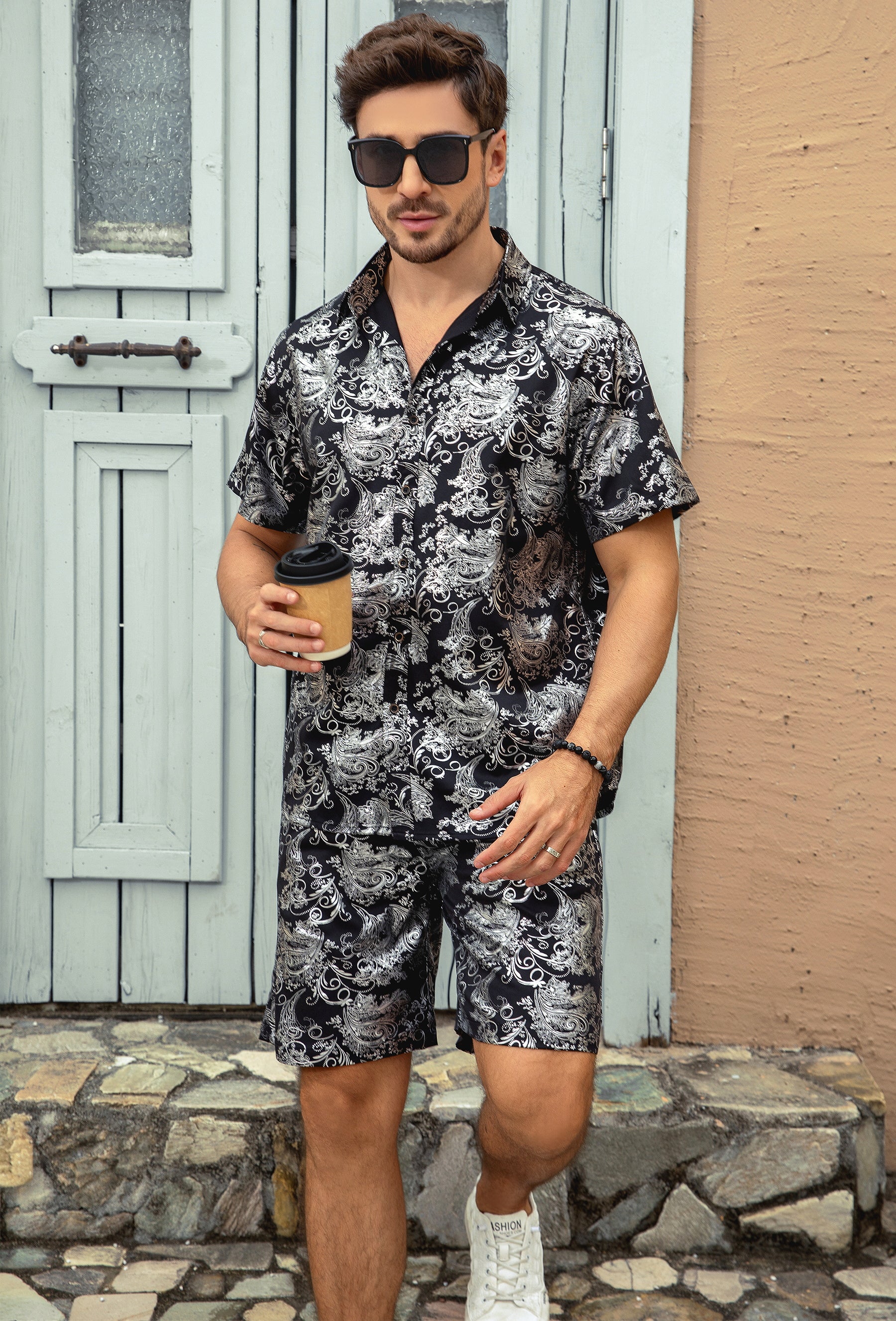 Men's Foil-Printed Short-Sleeve Shirt 2-Piece Set Silver