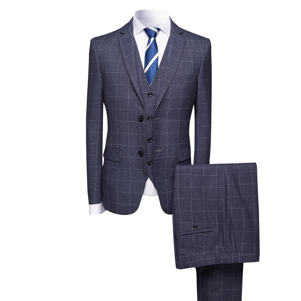 3-Piece Slim Fit Suit Plaid Casual Grey Suit