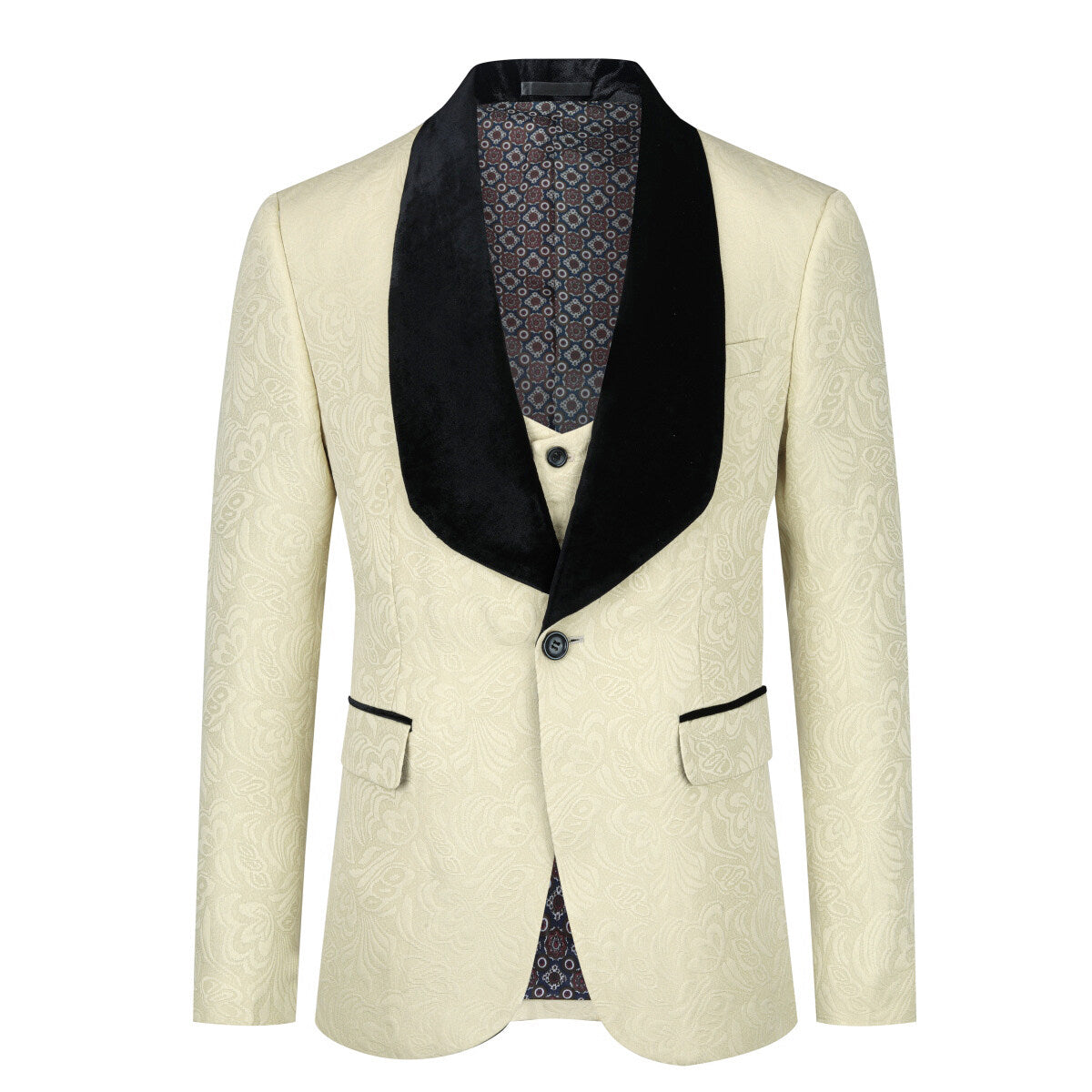 3-Piece Paisley Light Khaki Suit Shawl Collar Suit