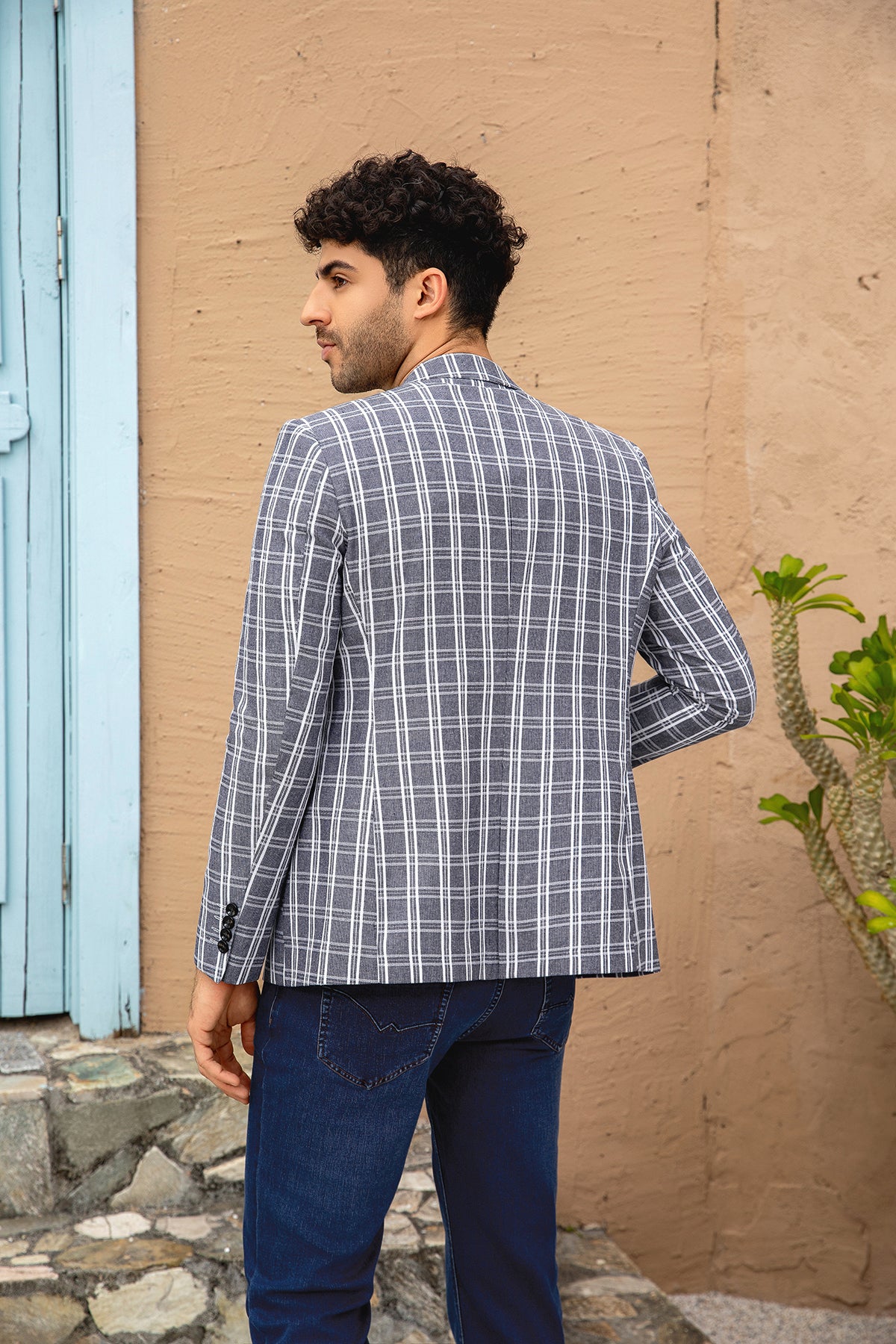 Men's One-Button Navy and White Check Plaid Blazer