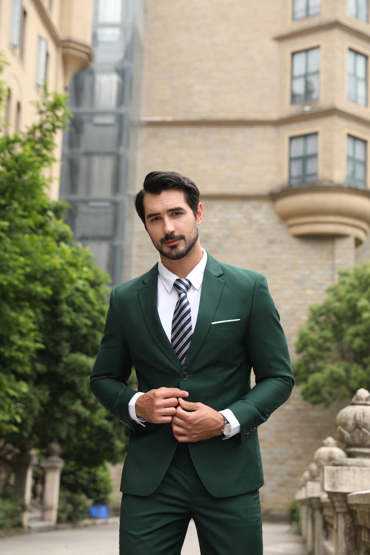 3-Piece Notched Lapel Casual Green Suit
