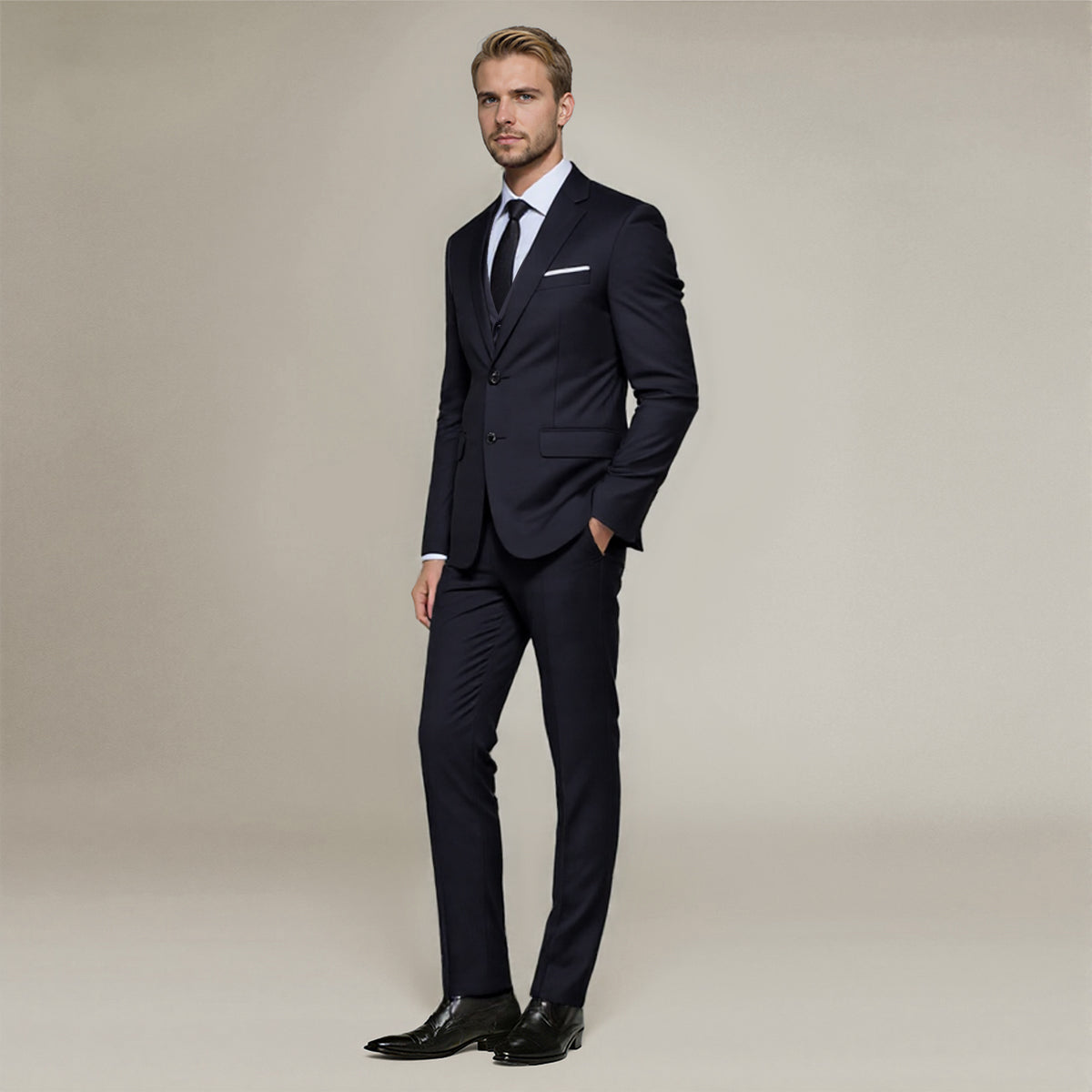 3-Piece Notched Lapel Casual Black Suit -Cloudstyle