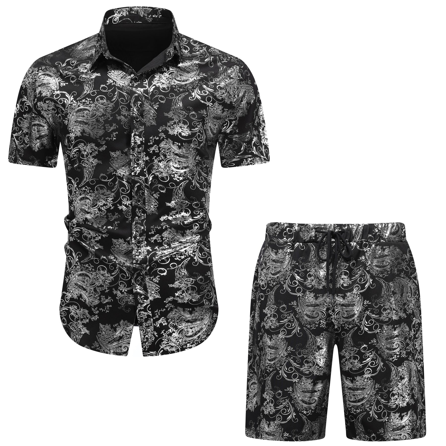 Men's Foil-Printed Short-Sleeve Shirt 2-Piece Set Silver