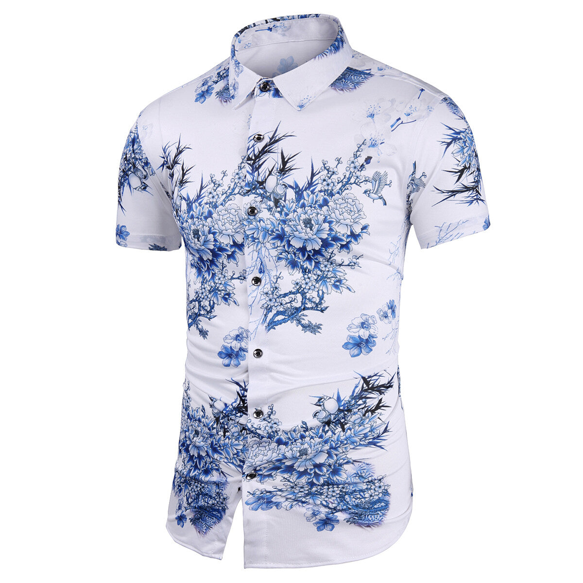 Trendy Men's Printed Short-Sleeve Floral Shirt Blue