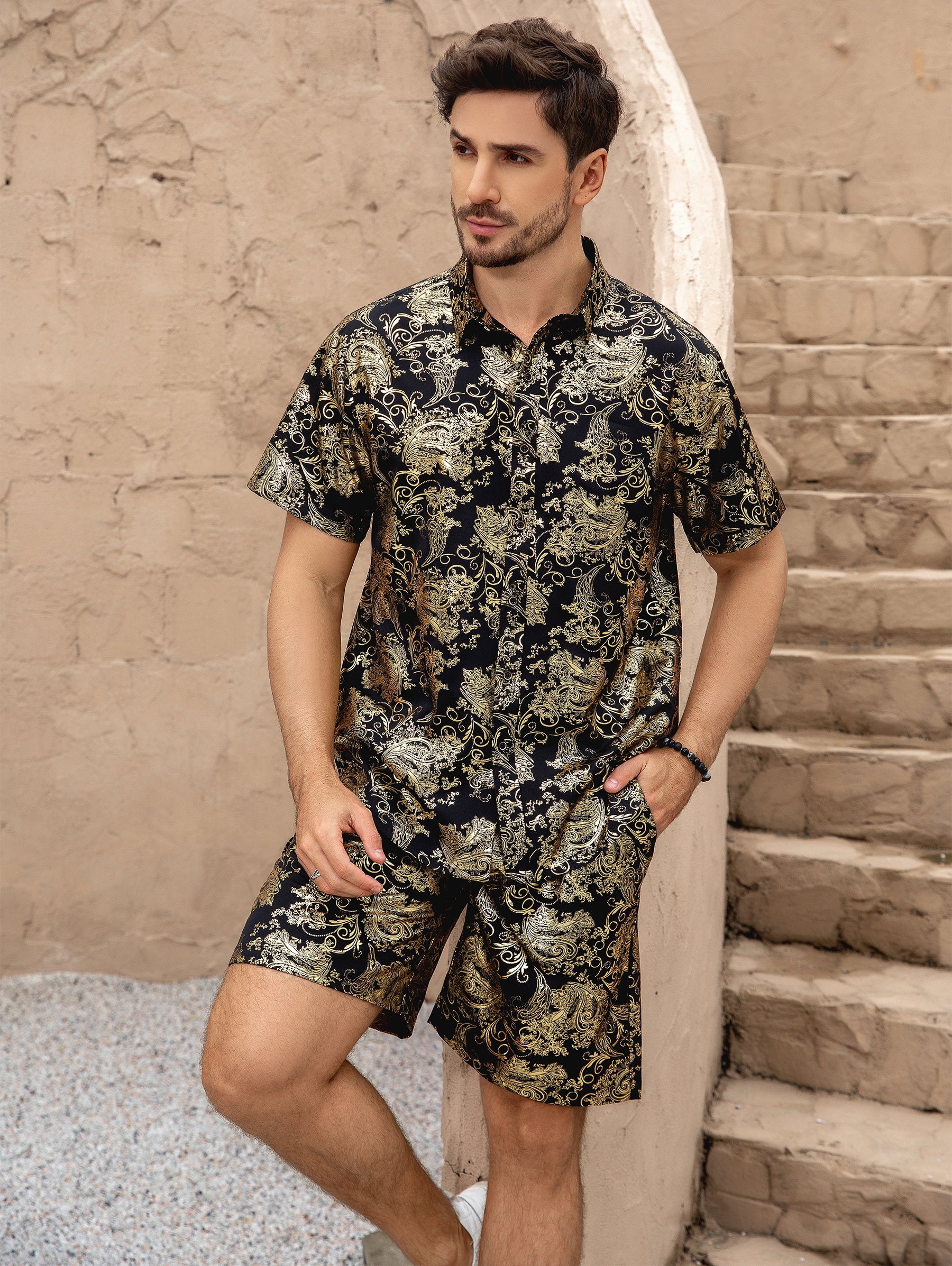 Men's Foil-Printed Short-Sleeve Shirt 2-Piece Set Gold