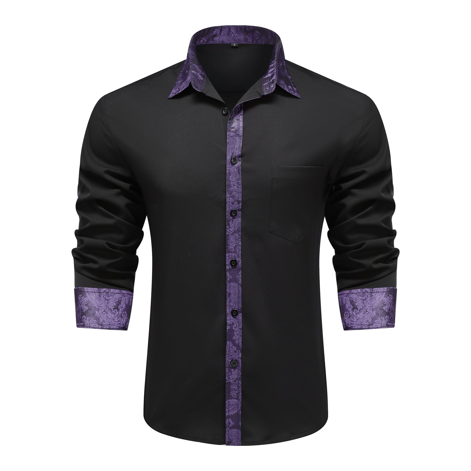 Men's long-sleeved casual shirt with a sky blue lapel and gray collar