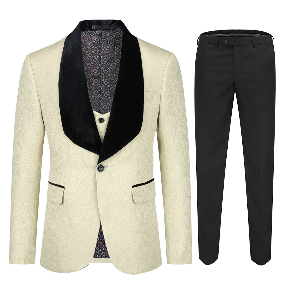 3-Piece Paisley Light Khaki Suit Shawl Collar Suit
