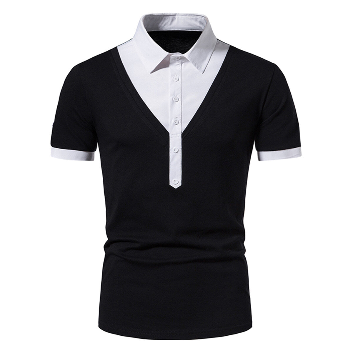 Men's Colorful Patchwork Polo Neck Short Sleeve T-Shirt Black