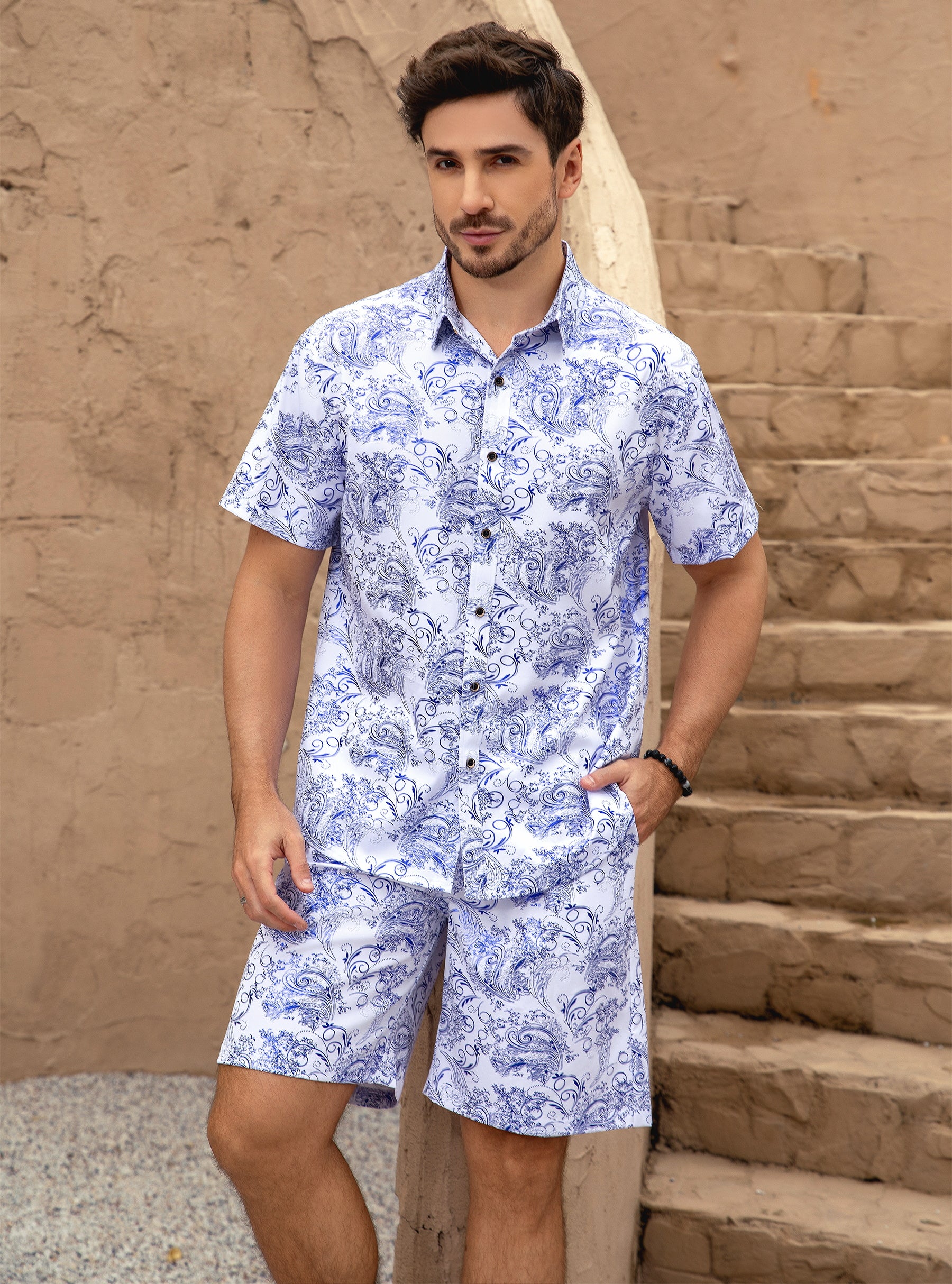 Men's Foil-Printed Short-Sleeve Shirt 2-Piece Set White