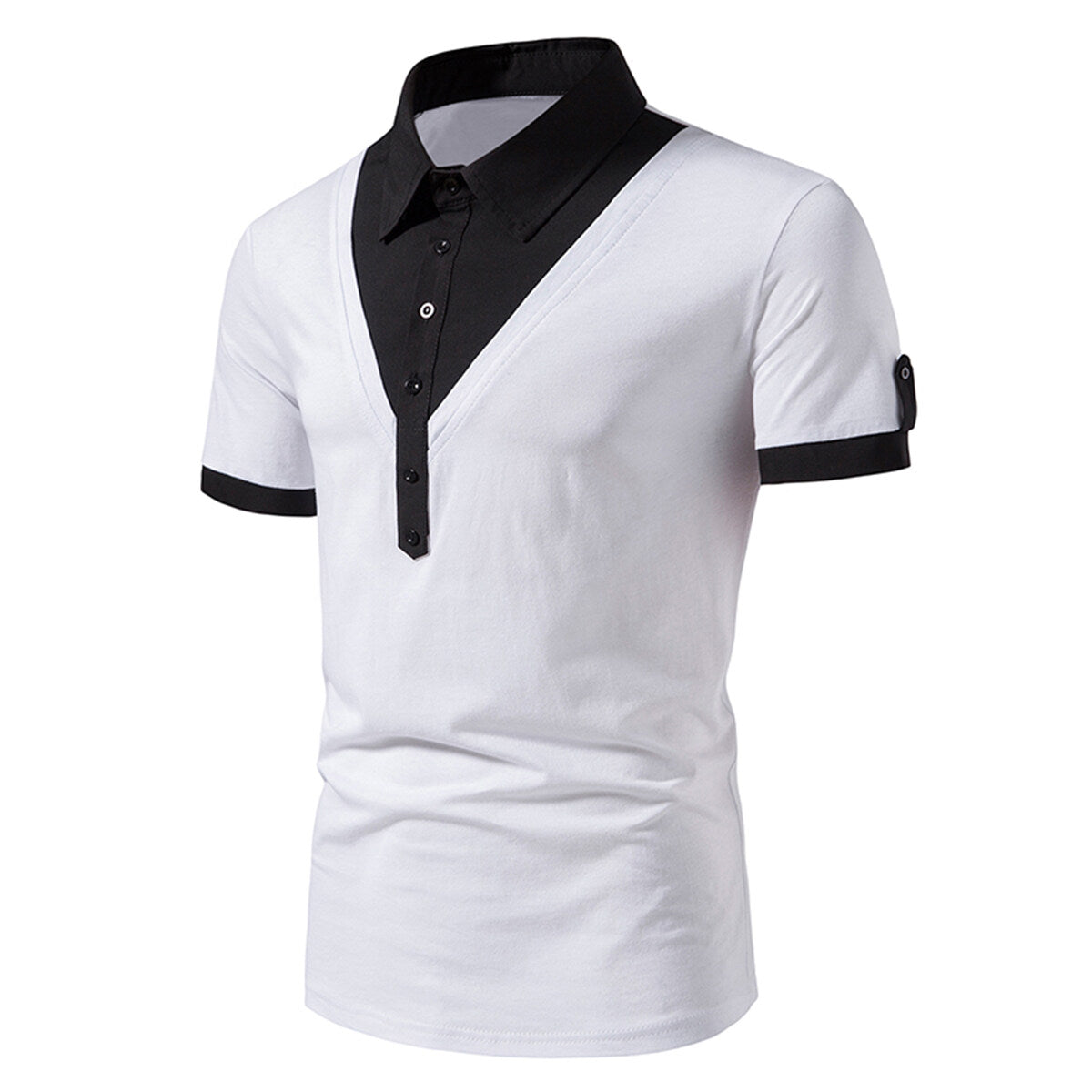 Men's Colorful Patchwork Polo Neck Short Sleeve T-Shirt White