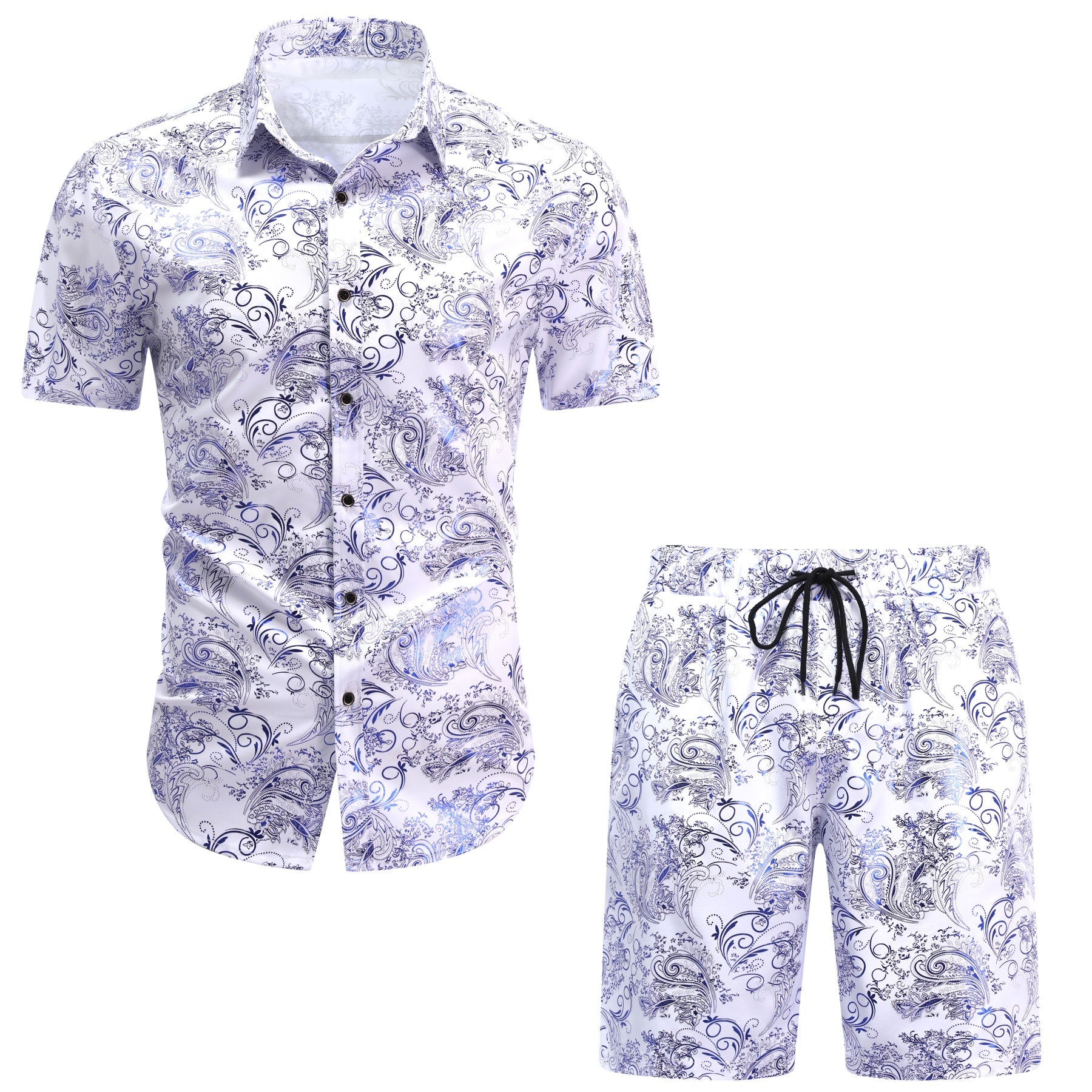Men's Foil-Printed Short-Sleeve Shirt 2-Piece Set White
