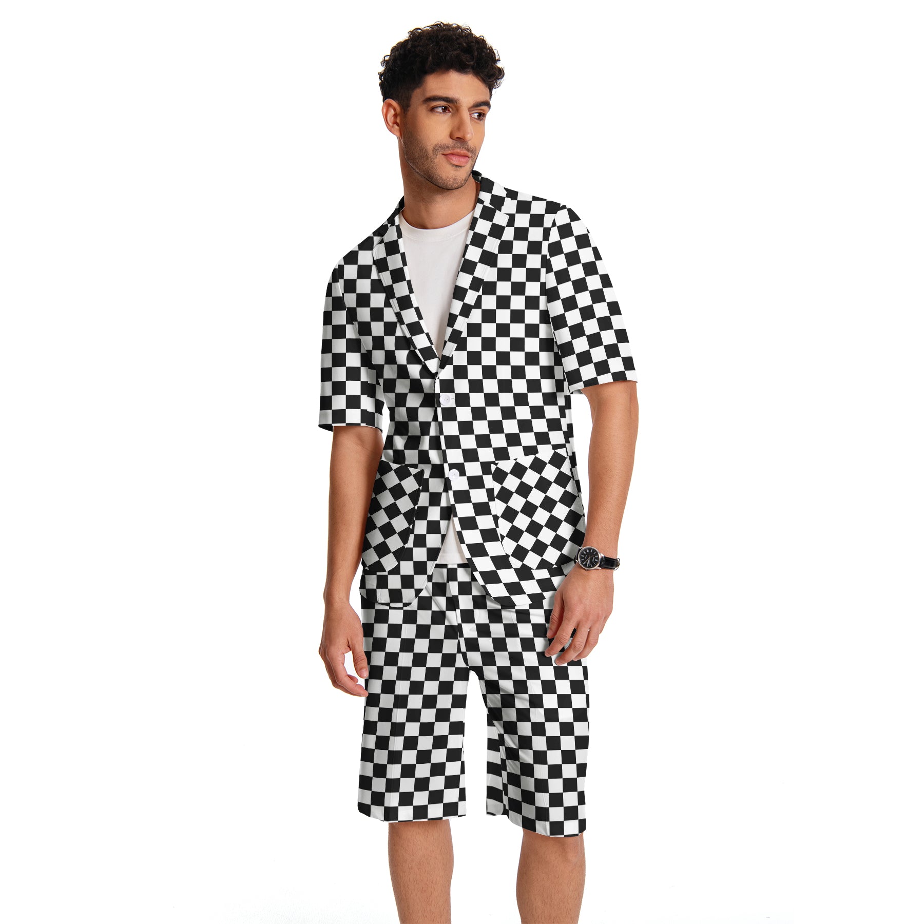 2-Piece Men's Printed Black and White Plaid Short Suit Set