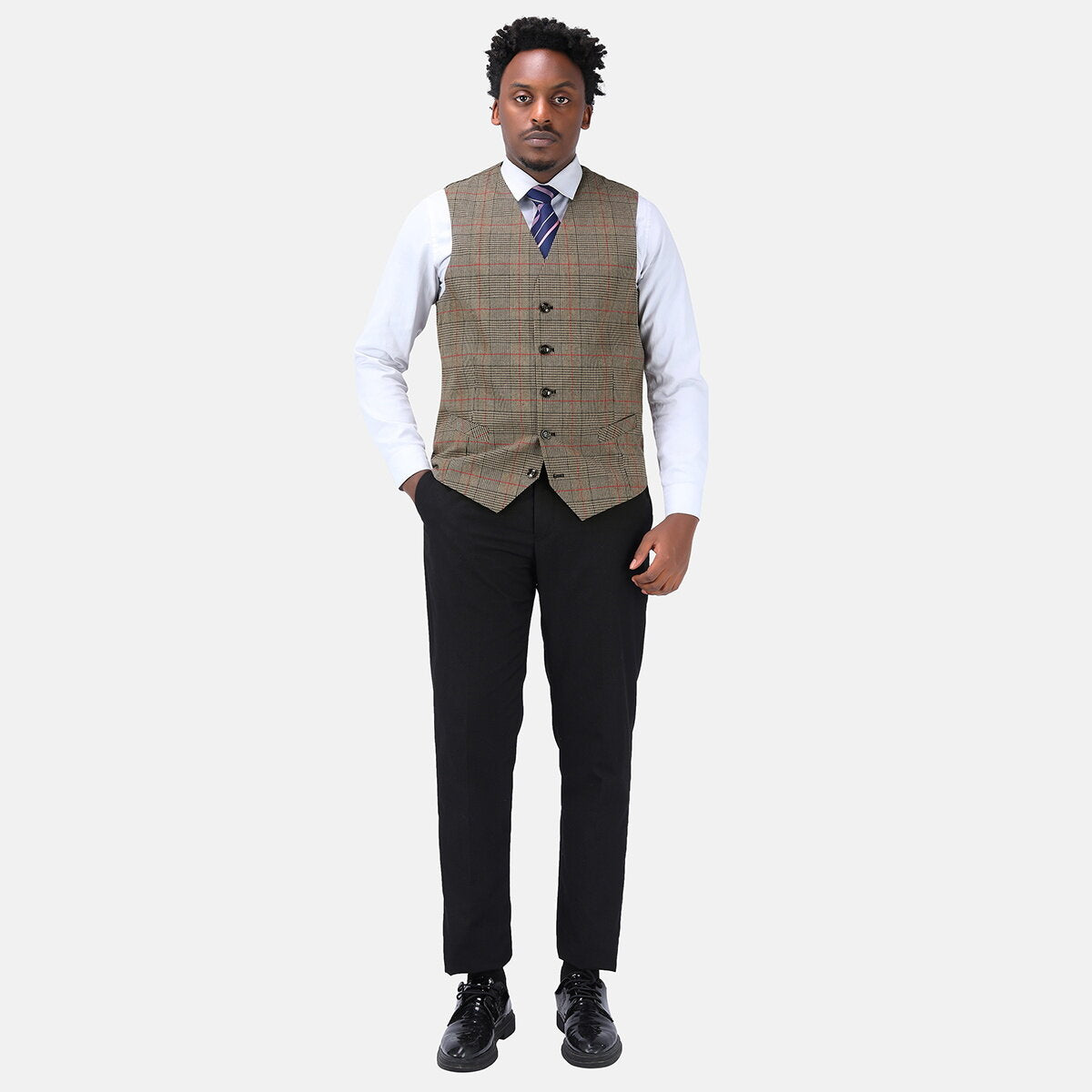Checked Vests Stripes Business Slim Fit Cotton Coffee
