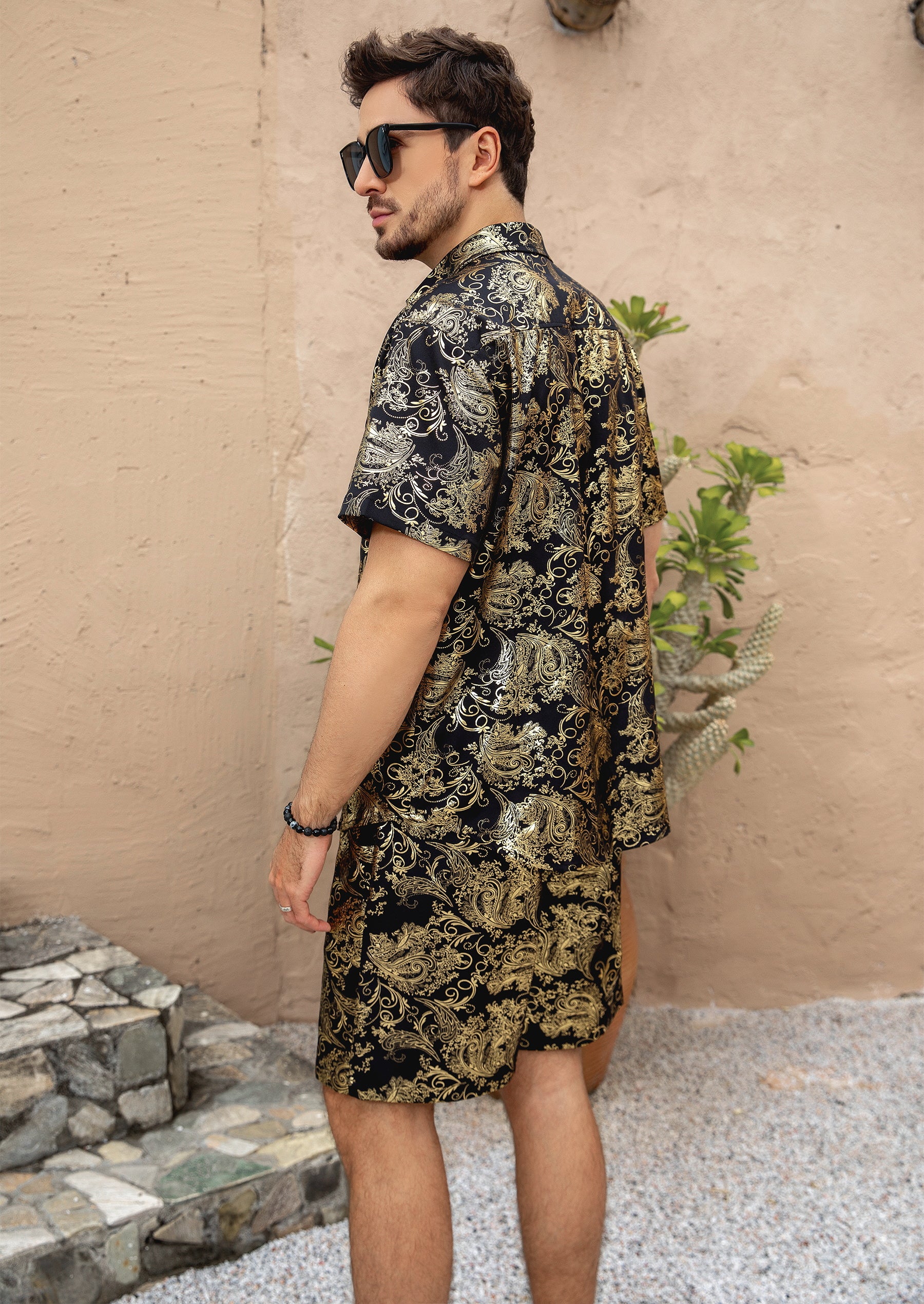 Men's Foil-Printed Short-Sleeve Shirt 2-Piece Set Gold