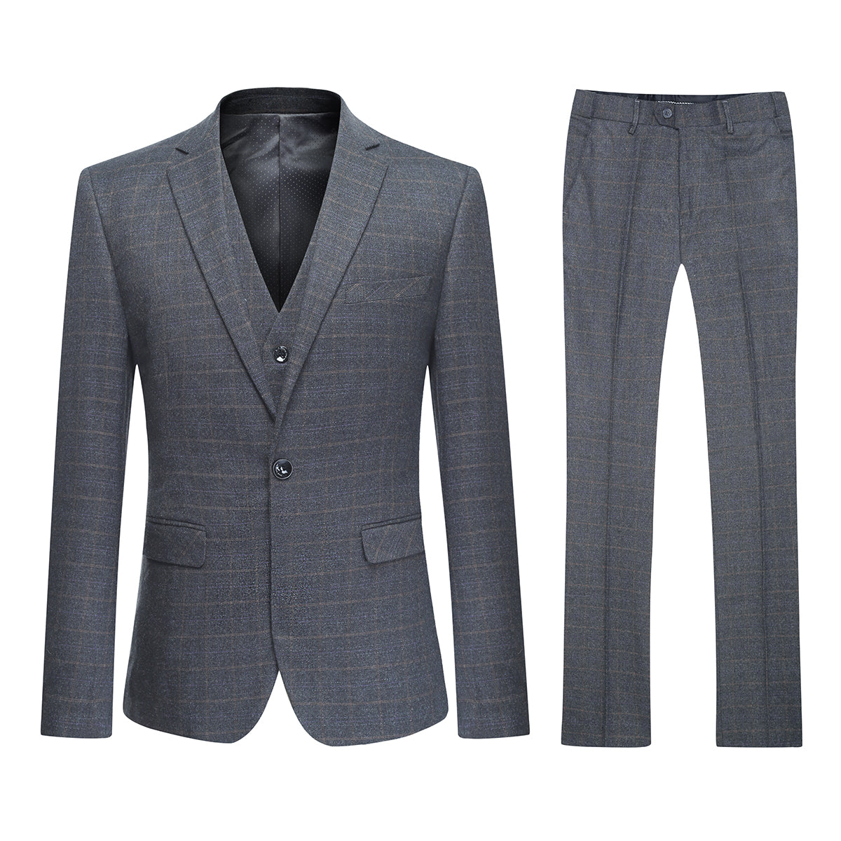 Mens 3-Piece One Button Yellow Plaid Suit Slim Fit Suit