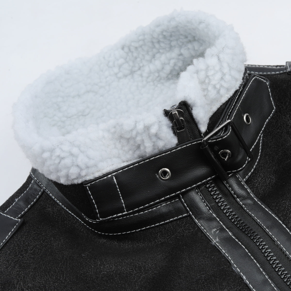 Men's Winter Padded Jacket Stand Collar Leather Coat Black