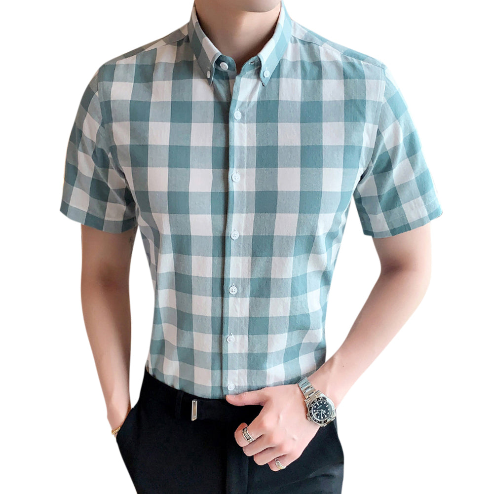 Men's Plaid Square Collar Short Sleeve Shirt Green